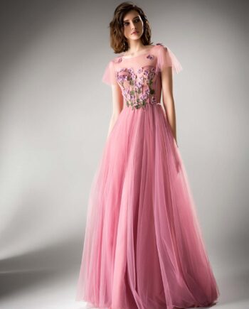 Cap sleeved evening gown with floral details