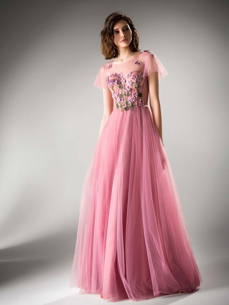 Cap sleeved evening gown with floral details