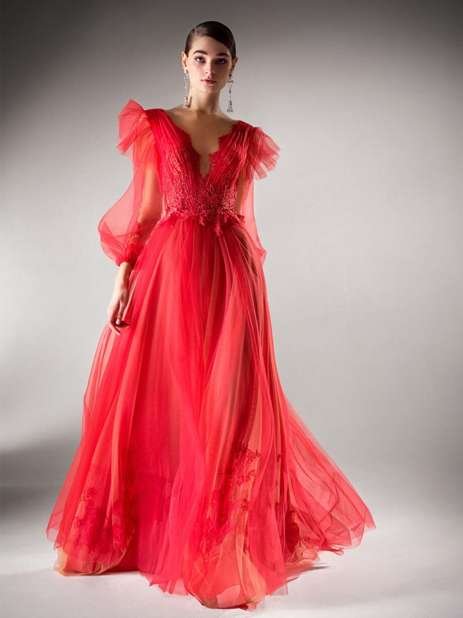 A-line evening dress with bishop sleeves