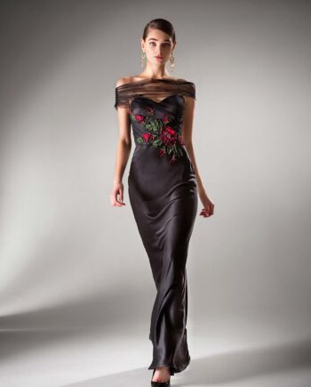 Fitted evening dress with off the shoulder sleeves