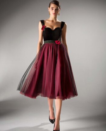 Ball gown evening dress with velvet bustier