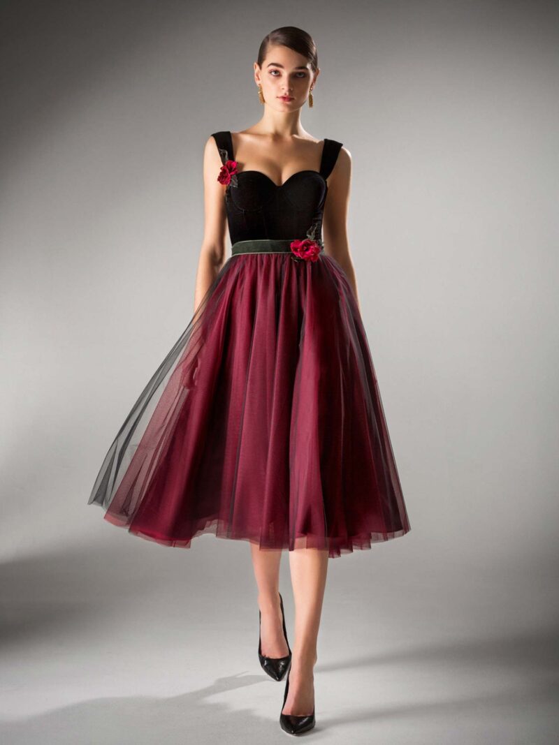 Ball gown evening dress with velvet bustier