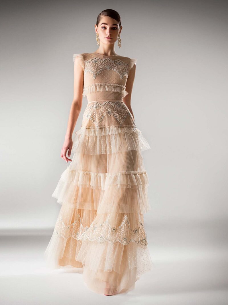A-line evening dress with tiered skirt