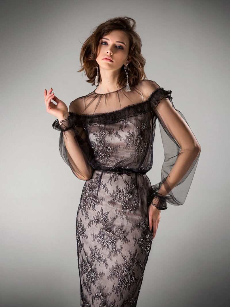 Tea length lace evening dress with bishop sleeves