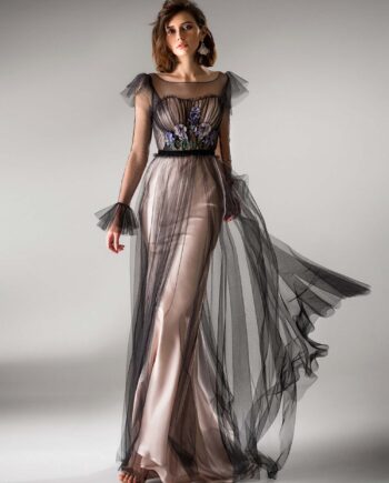 Floor length evening gown with long sleeves