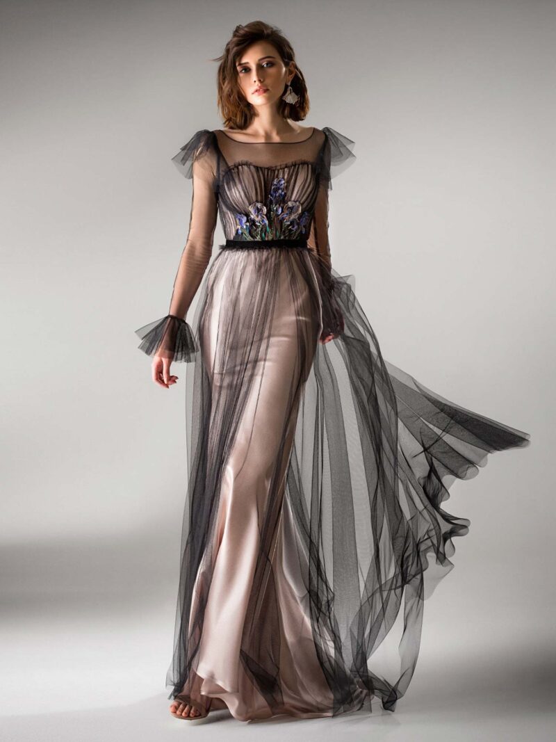 Floor length evening gown with long sleeves