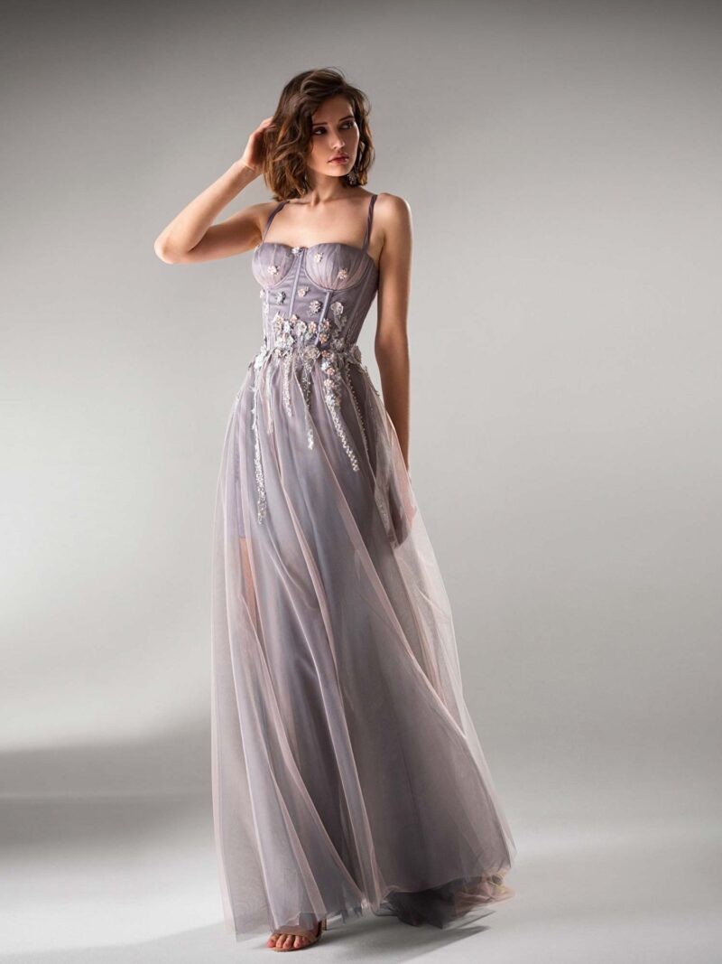 A-line evening gown with bustier bodice