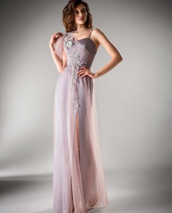 One shoulder evening gown with a slit