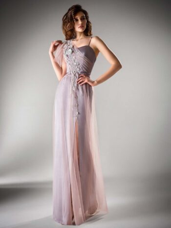 One shoulder evening gown with a slit