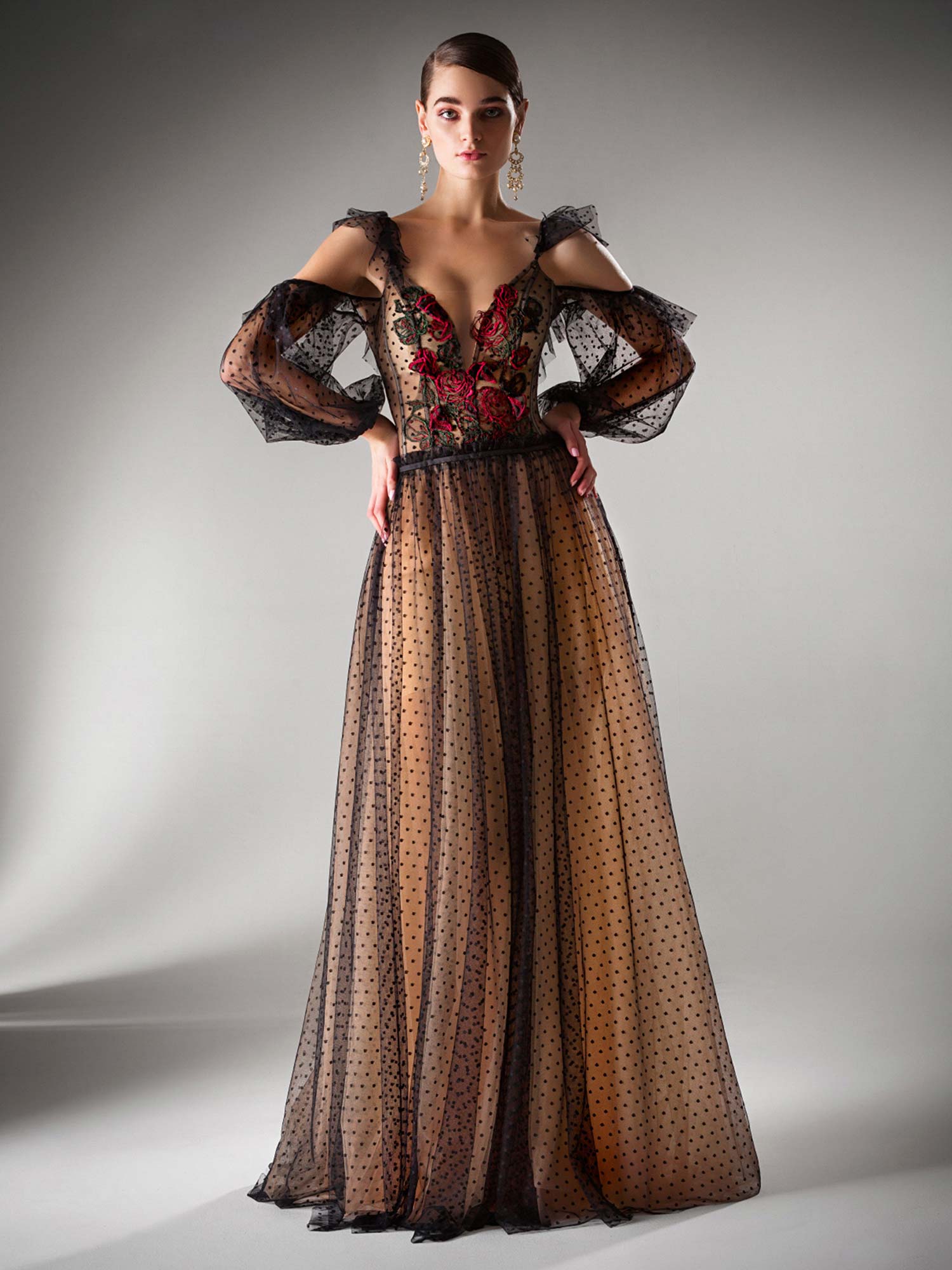A-line evening dress with cold shoulder sleeves