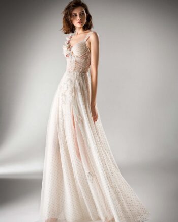 A-line evening gown with a high slit and floral applique