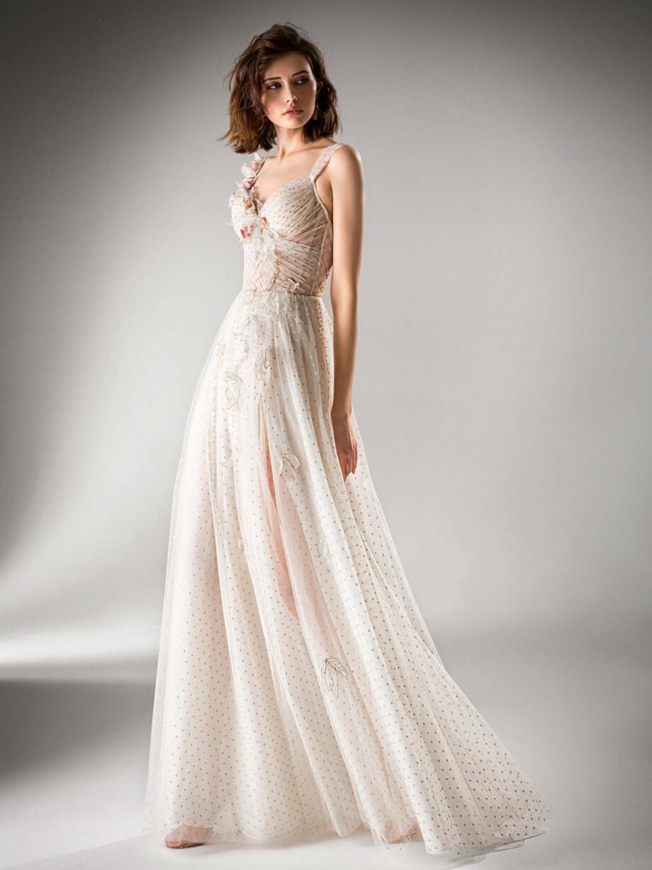 A-line evening gown with a high slit and floral applique