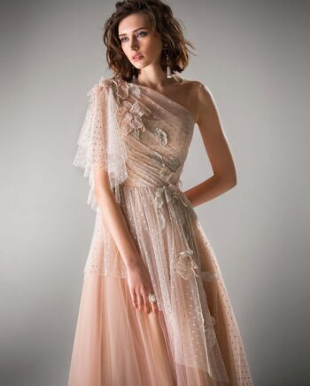 Tulle evening gown with one shoulder sleeve