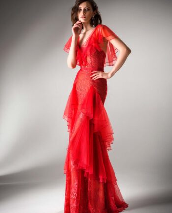 Fitted evening gown with ruffle details