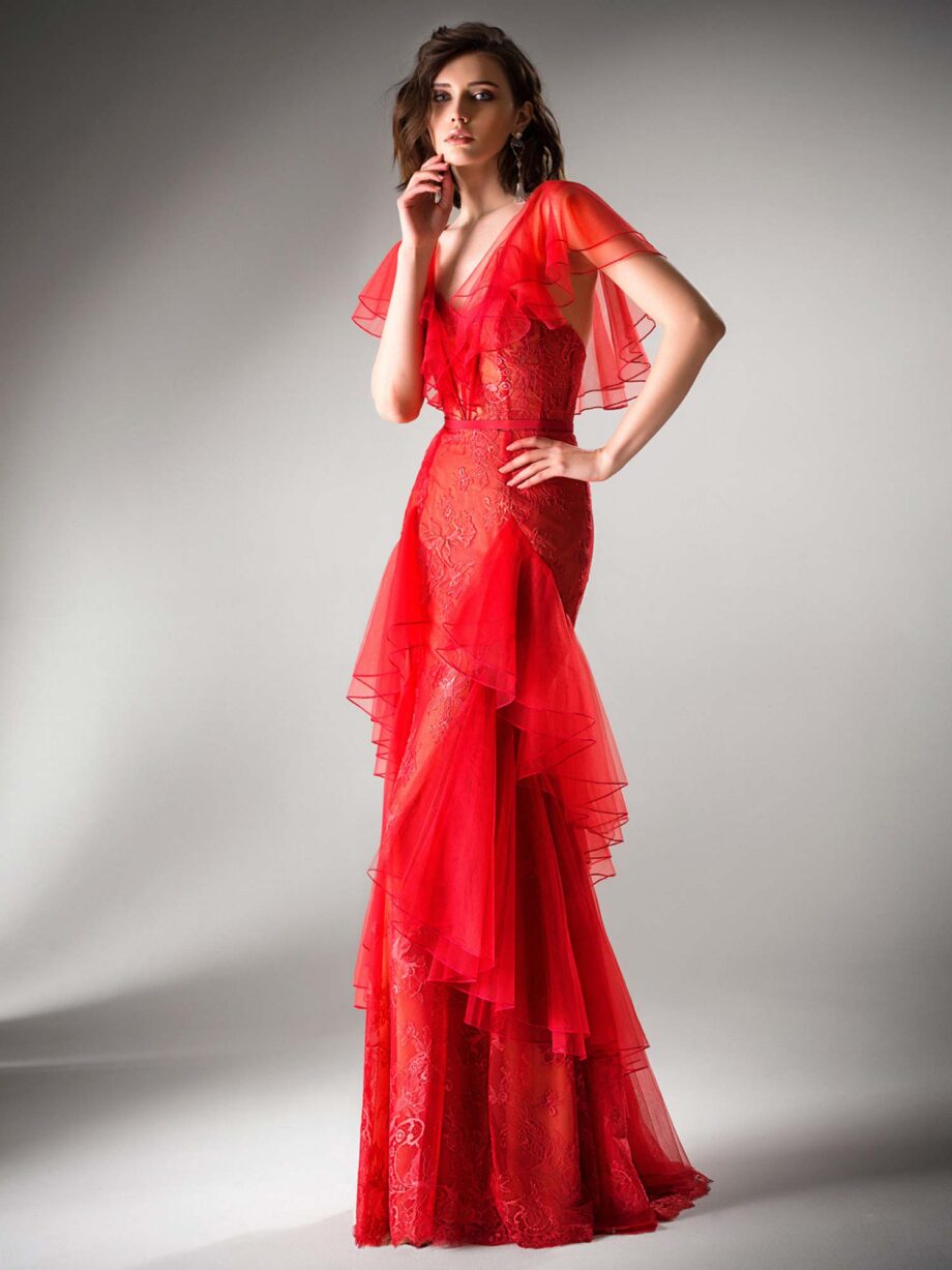 Fitted evening gown with ruffle details