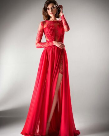 Long sleeved evening dress with slit