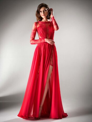 Long sleeved evening dress with slit