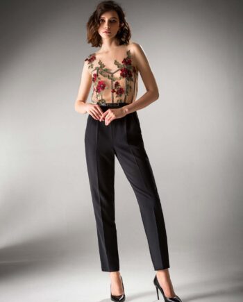 Jumpsuit with illusion bodice and flower applique