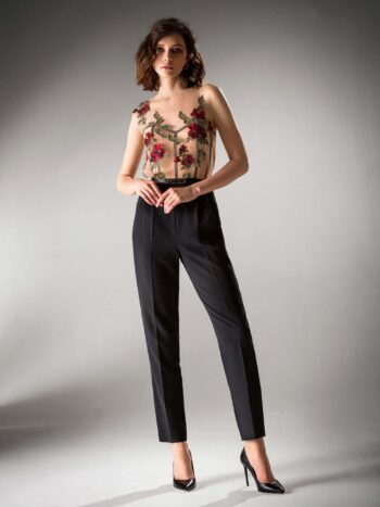Jumpsuit with illusion bodice and flower applique