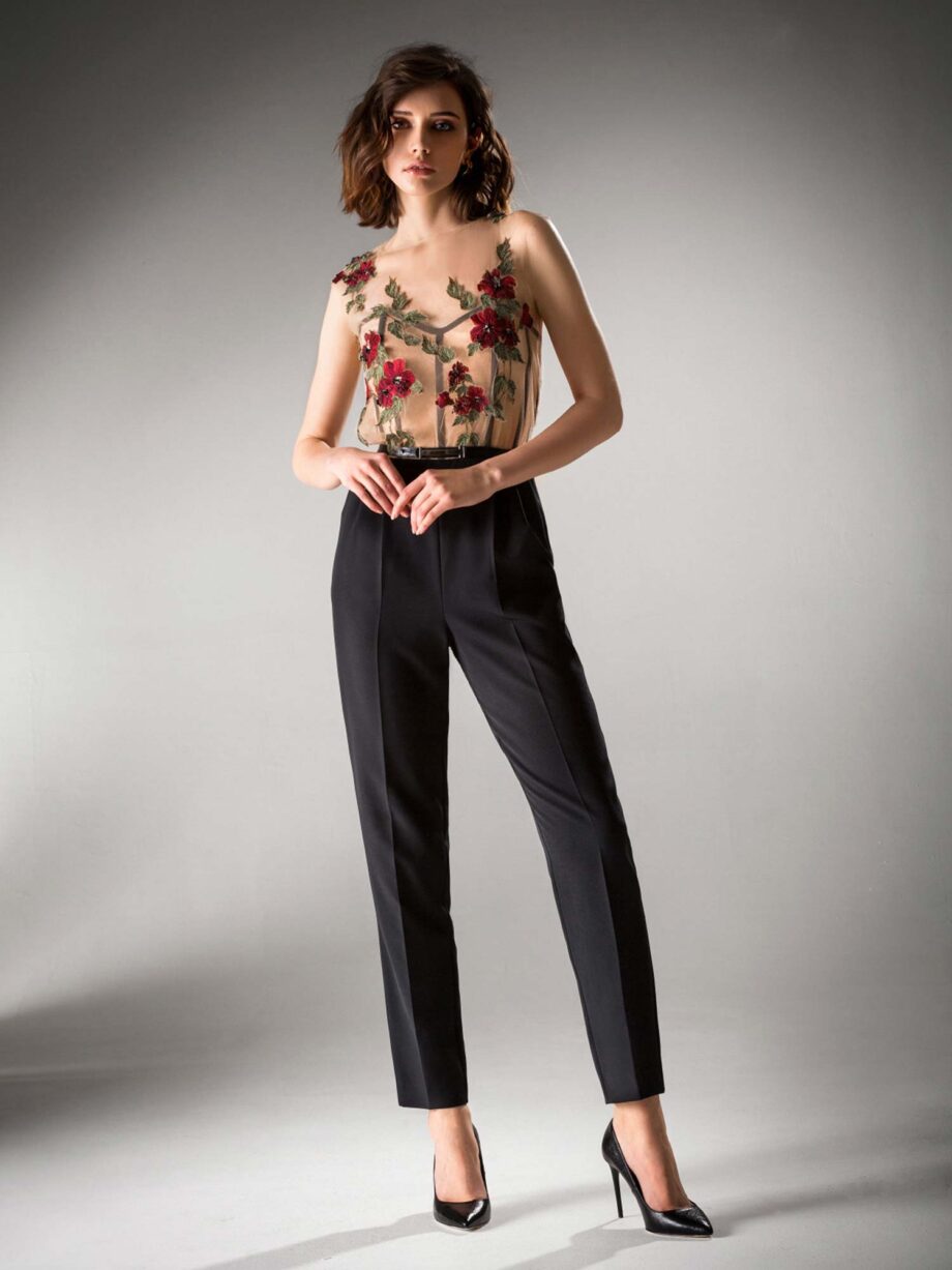 Jumpsuit with illusion bodice and flower applique