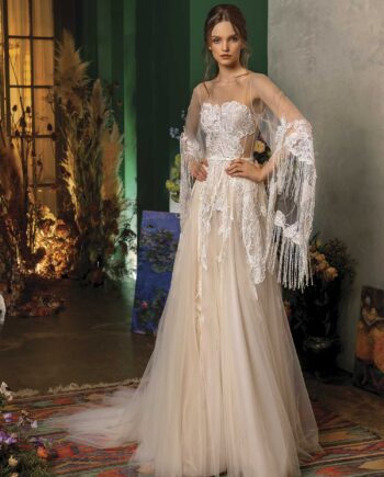 A-line wedding dress with trumpet sleeves and fringe