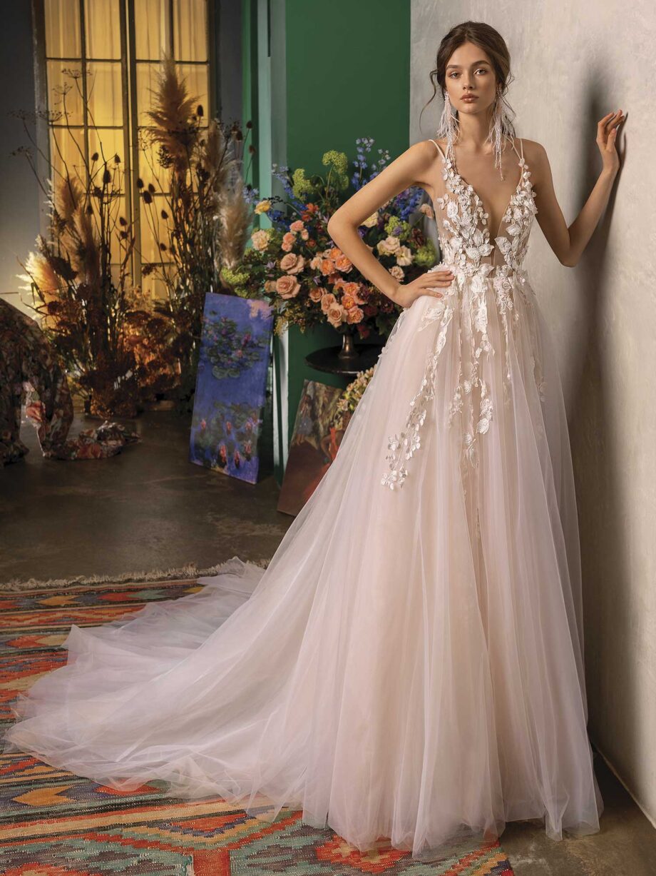 A-line wedding dress with plunging neckline