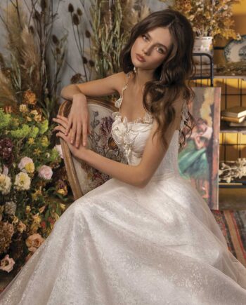 A-line wedding dress with bustier bodice and floral embroidery