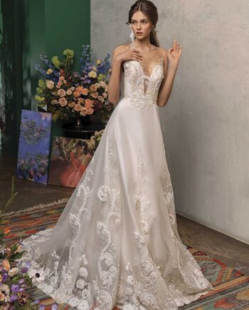 A-line wedding dress with embroidery and plunging neckline