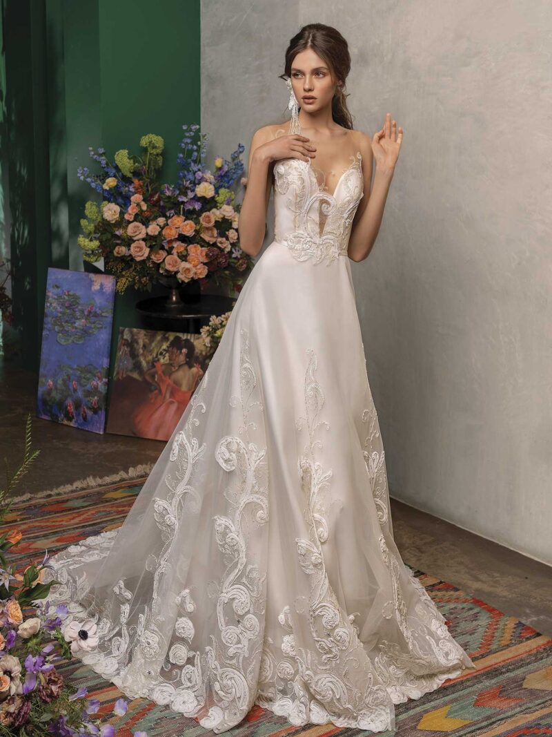 A-line wedding dress with embroidery and plunging neckline