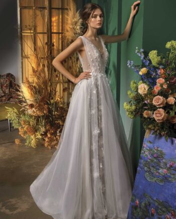 A-line wedding dress with deep V neckline