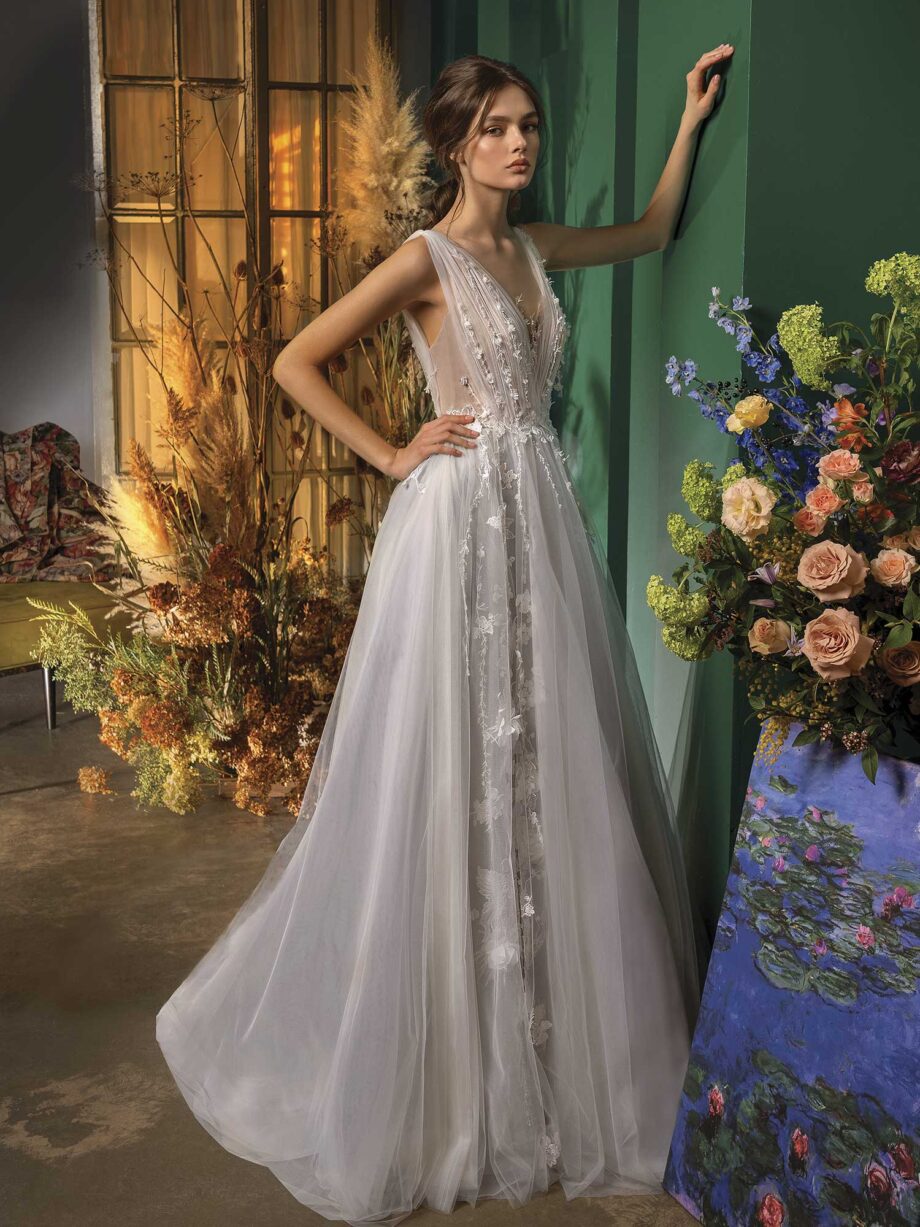 A-line wedding dress with deep V neckline