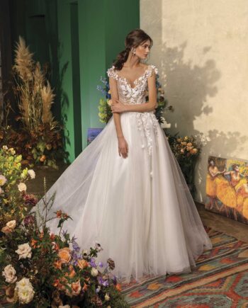 Ball gown wedding dress with floral appliqueand cap sleeves