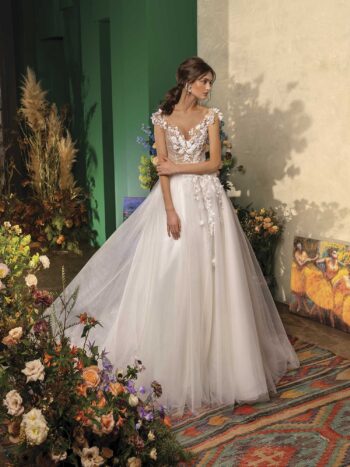 Ball gown wedding dress with floral appliqueand cap sleeves