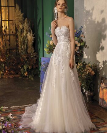 Strapless wedding dress with embroidered bodice