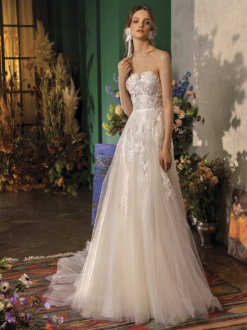 Strapless wedding dress with embroidered bodice