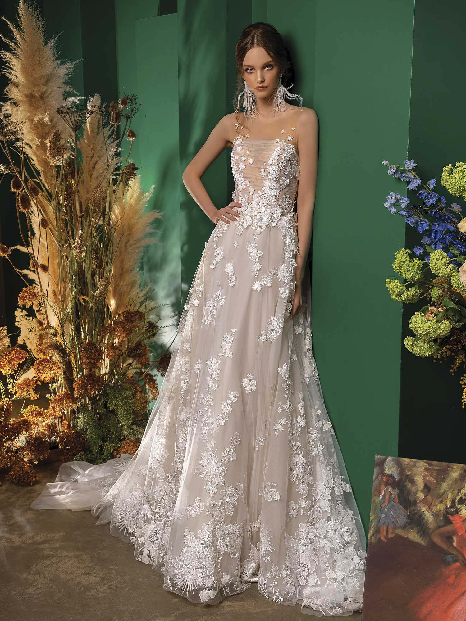 A Line Wedding Dress With Floral Applique And Ruched Bodice