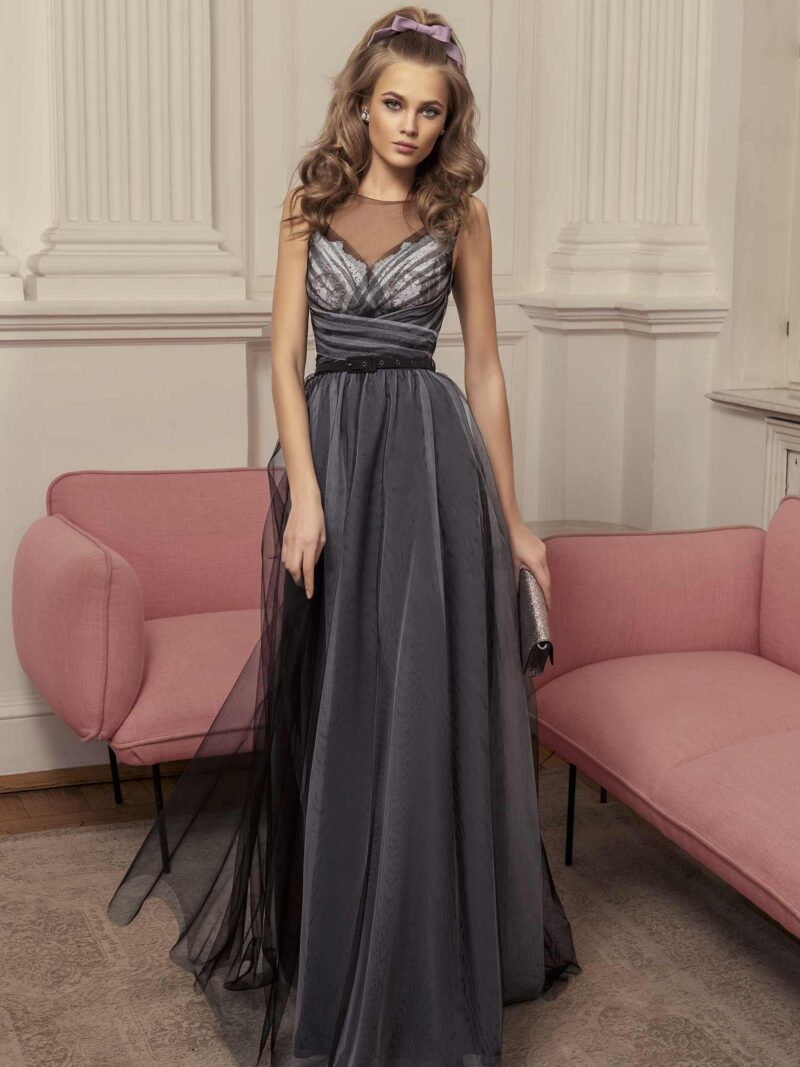 A-line evening gown with illusion neckline and ruched bodice