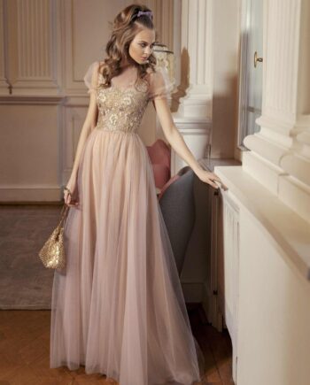 A-line evening gown with cap sleeves and embellished bodice