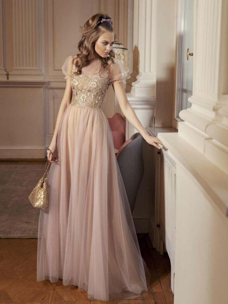 A-line evening gown with cap sleeves and embellished bodice