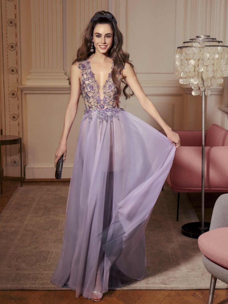 A-line maxi dress with plunging illusion neckline and embellished bodice