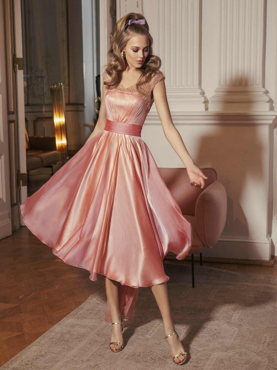 A-line evening gown with unique straps and straight neckline