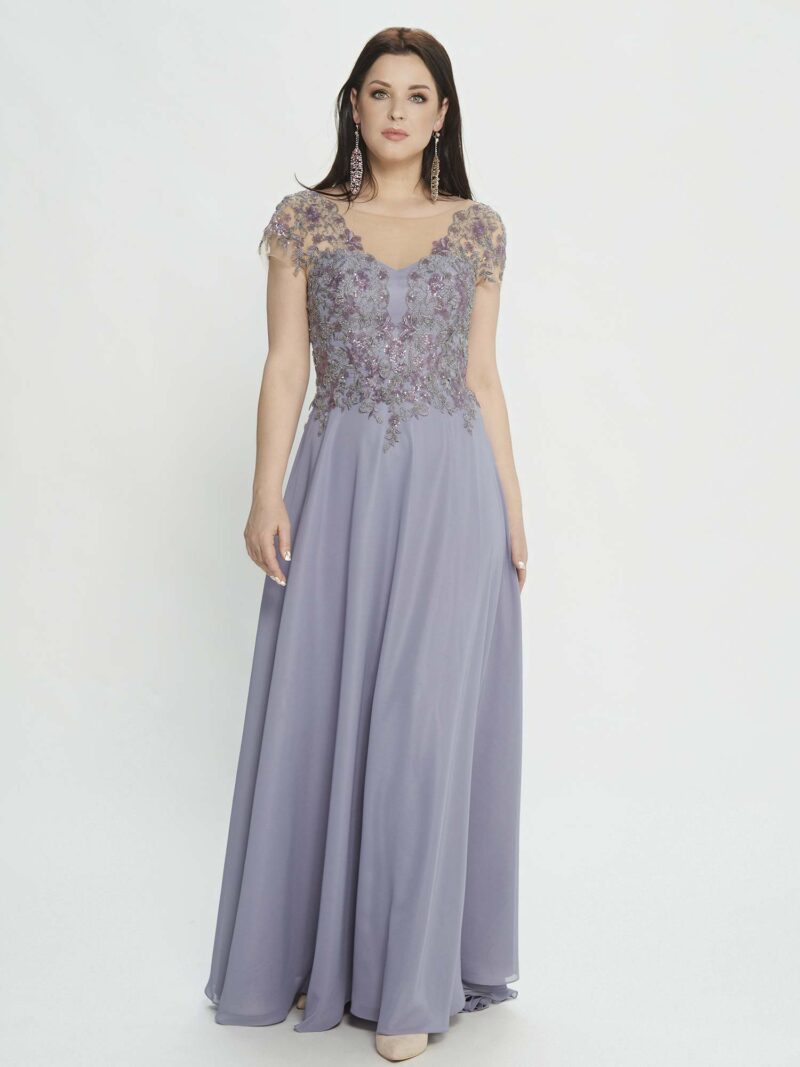 A-line evening gown with plunging neckline and embellishments