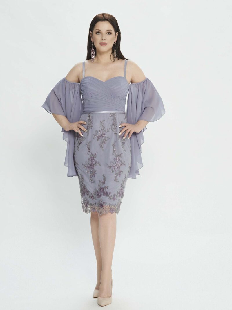 Sheath dress with bell sleeves and embellished skirt