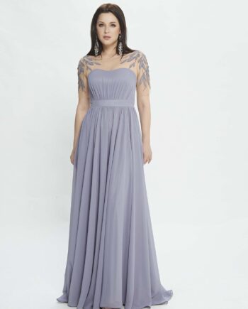 A-line evening dress with embroidered sleeves and illusion back