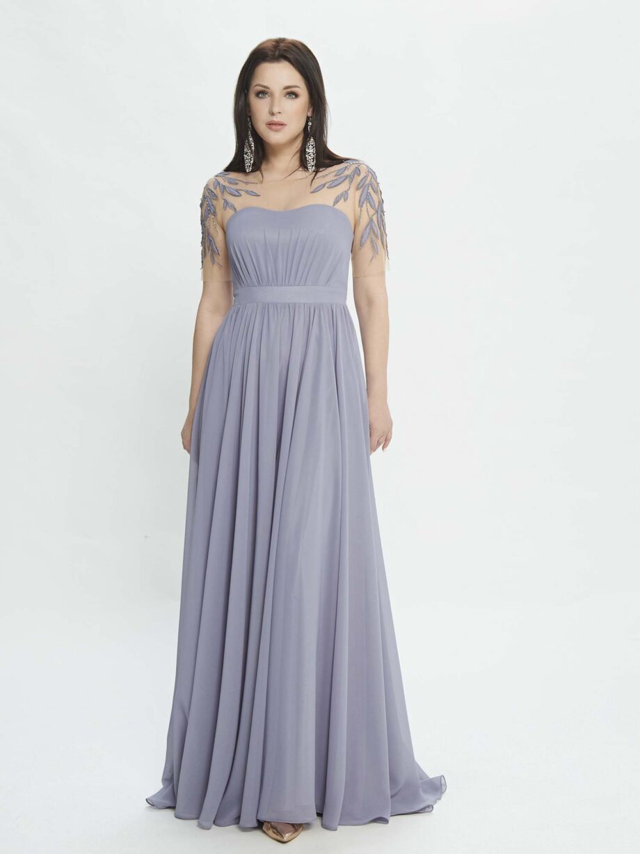 A-line evening dress with embroidered sleeves and illusion back