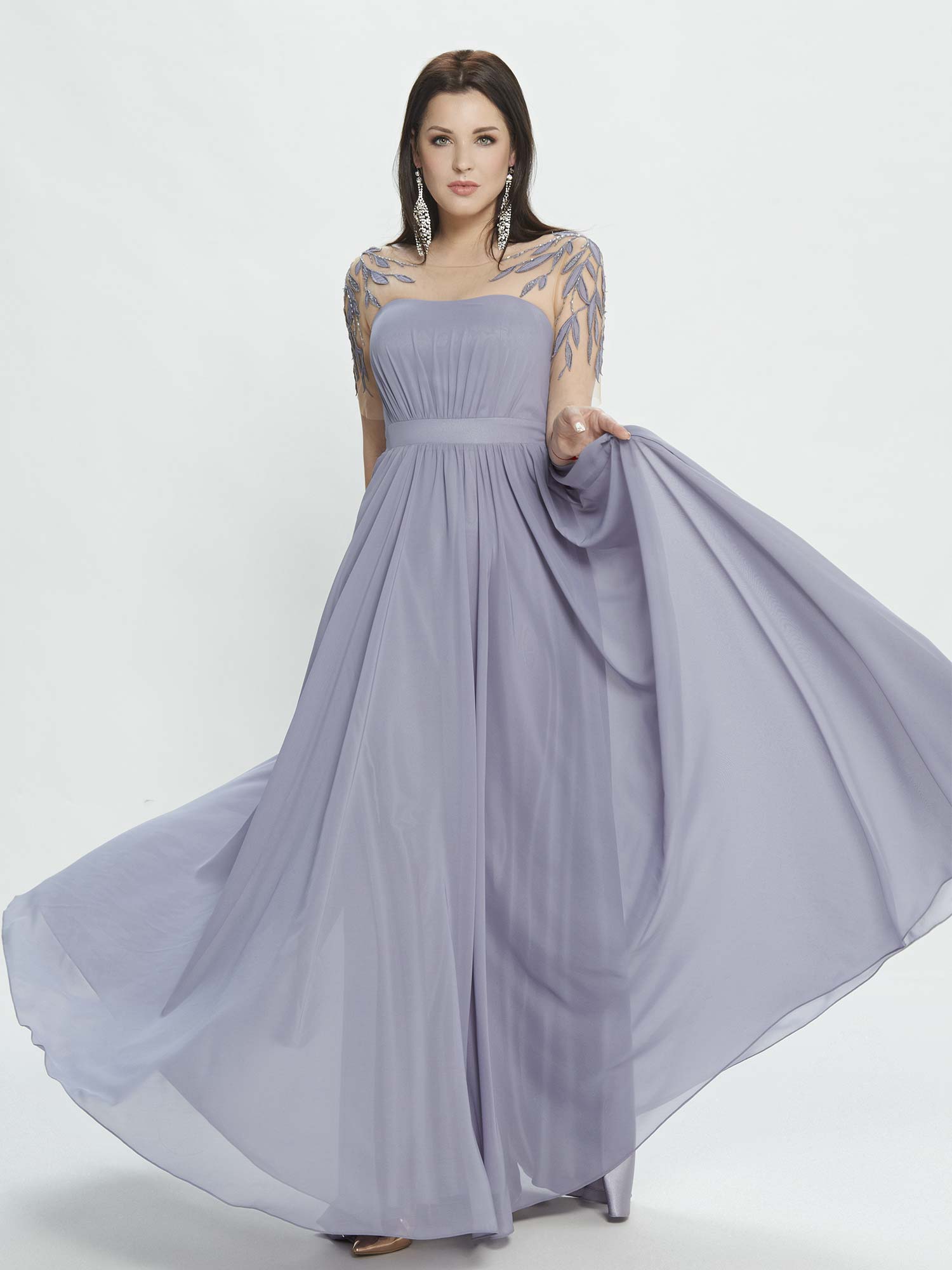 A-line evening dress with embroidered sleeves and illusion back