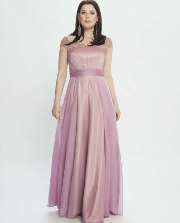 A-line evening dress with embroidery and cap sleeves