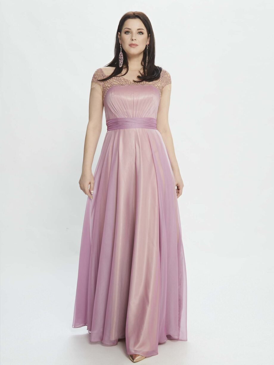 A-line evening dress with embroidery and cap sleeves