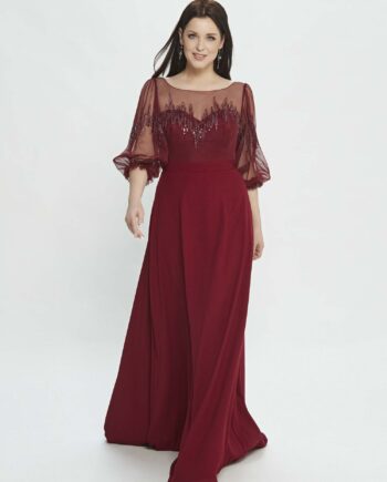 A-line evening dress with bishop sleeves and embroidery