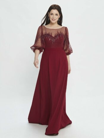 A-line evening dress with bishop sleeves and embroidery